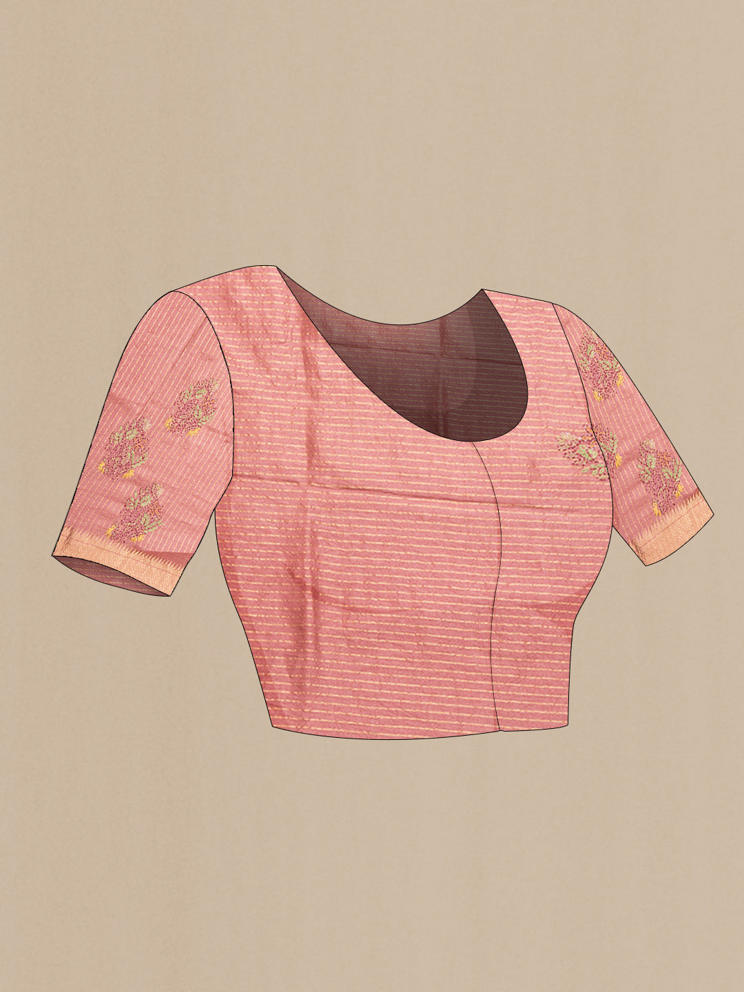 Close up image of the blouse of Mustard Dual Tone Tussar Silk Saree with Embroidery on the body and Zari Border. 