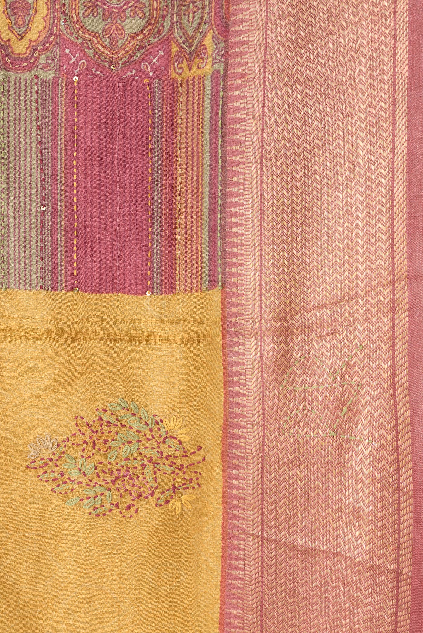 Border image of Mustard Dual Tone Tussar Silk Saree with Embroidery on the body and Zari Border. 