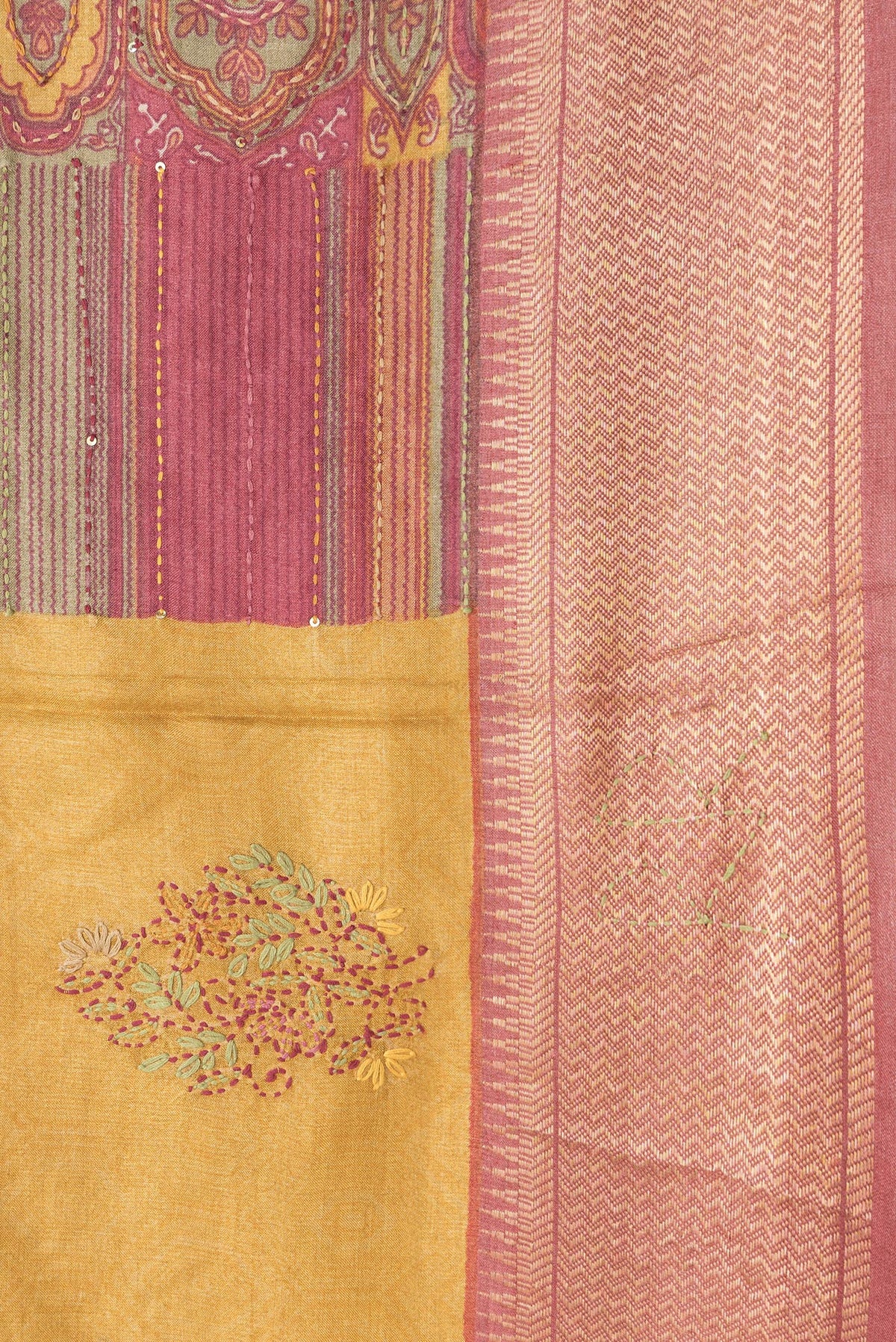 Border image of Mustard Dual Tone Tussar Silk Saree with Embroidery on the body and Zari Border. 