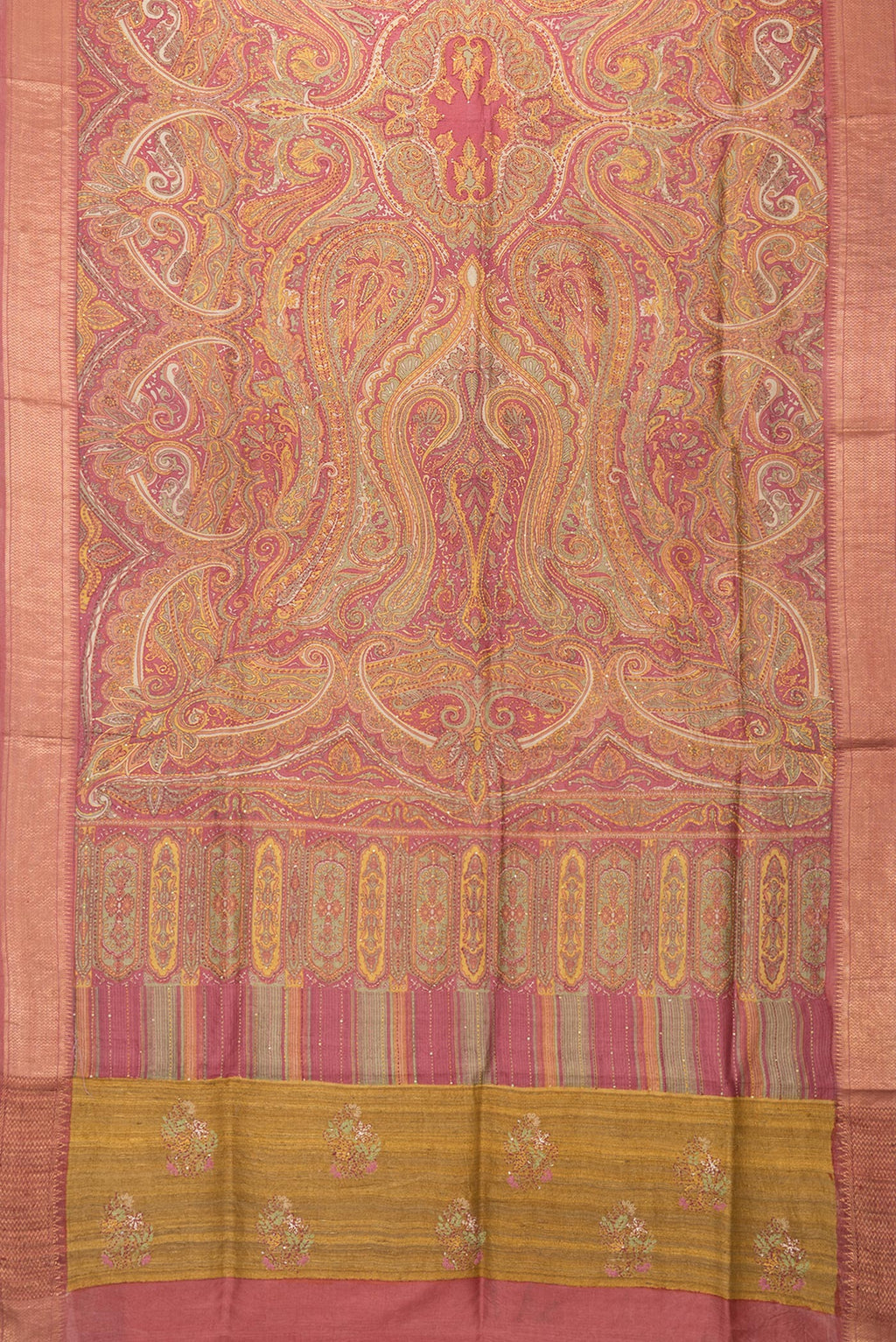 Flat view of Mustard Dual Tone Tussar Silk Saree with Embroidery on the body and Zari Border. 