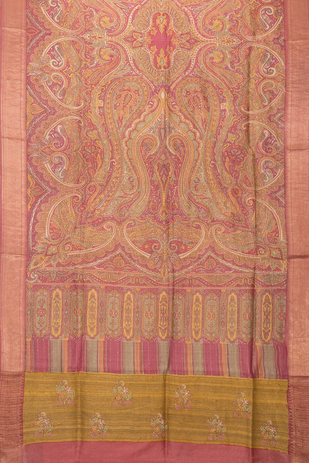 Flat view of Mustard Dual Tone Tussar Silk Saree with Embroidery on the body and Zari Border. 