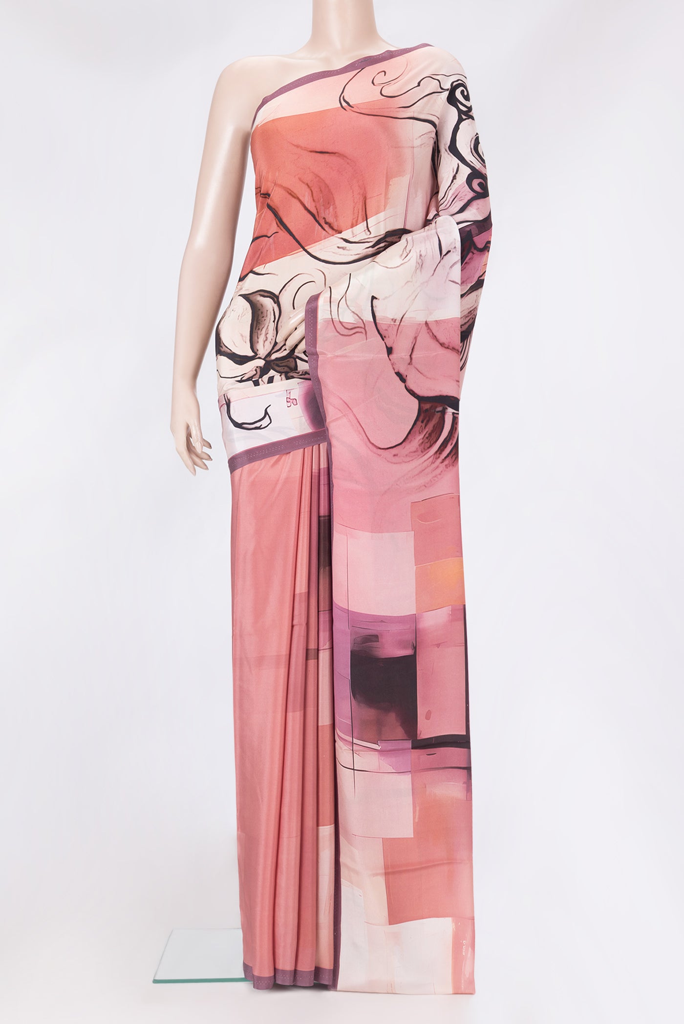 Multi Color Crepe Saree with Printed design on the body and Plain Border.  displayed on a mannequin