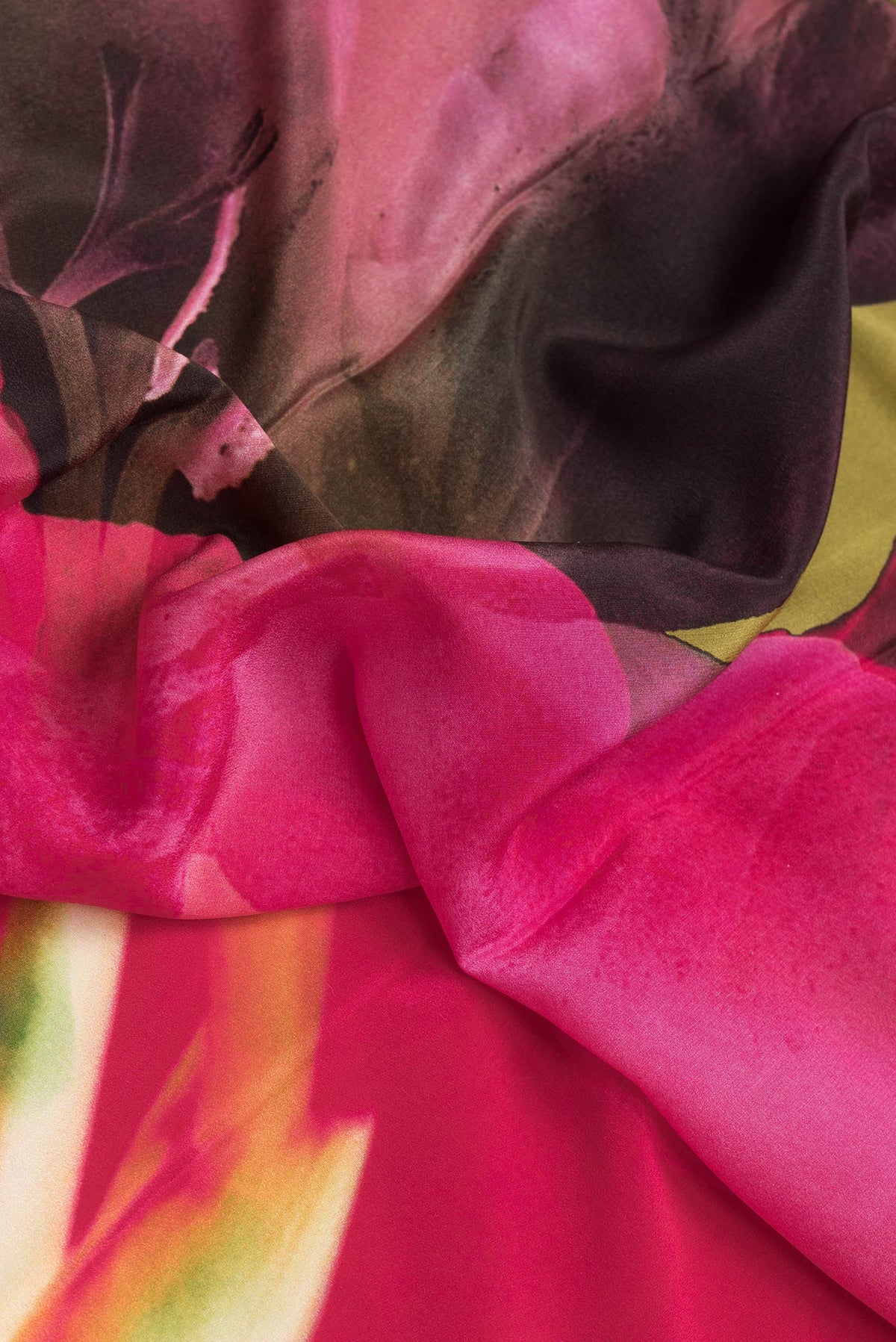 Close up of Pink Dual Tone Mysore Crepe Saree with Printed design on the body and Plain Border.  displaying folds