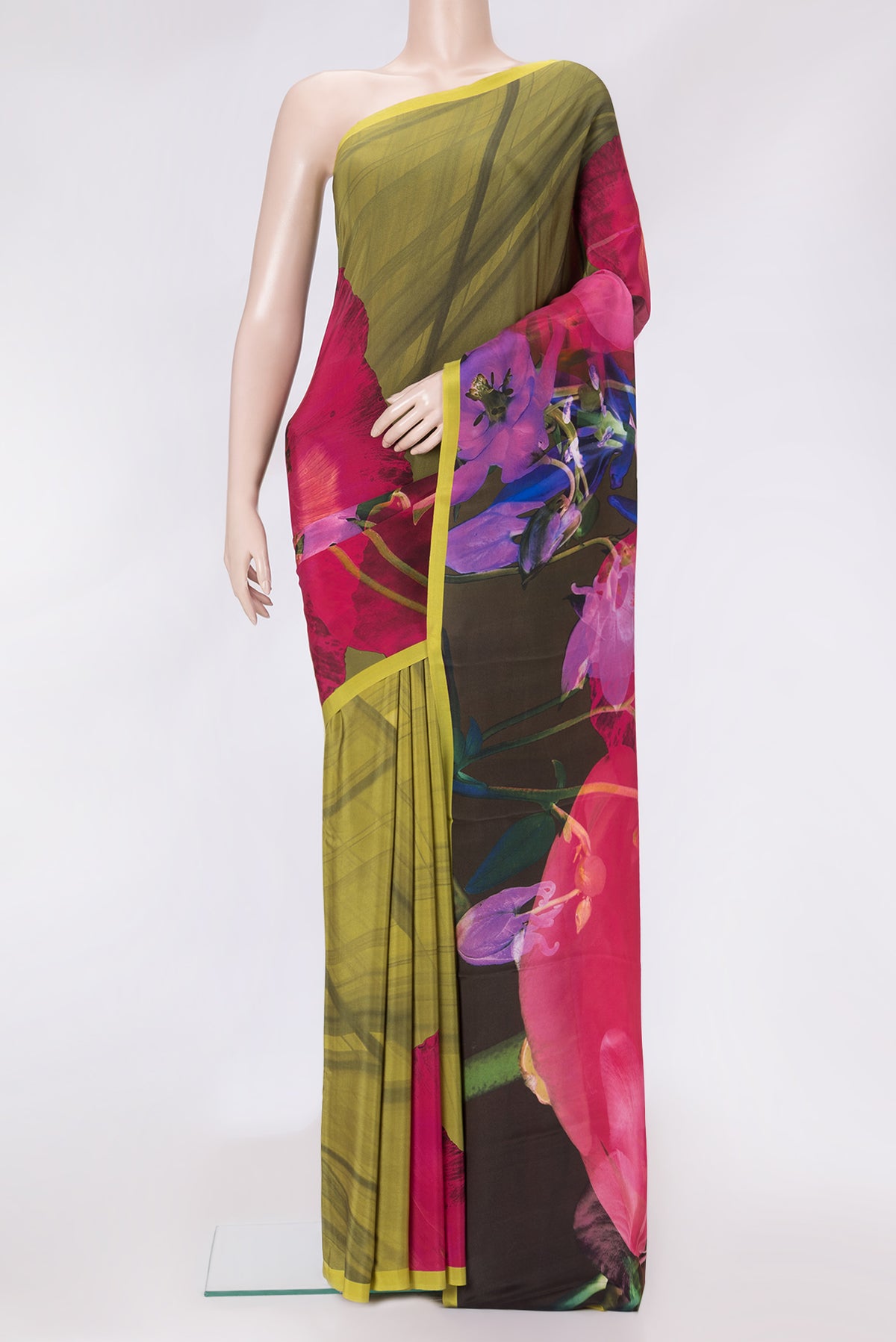 Pink Dual Tone Mysore Crepe Saree with Printed design on the body and Plain Border.  displayed on a mannequin