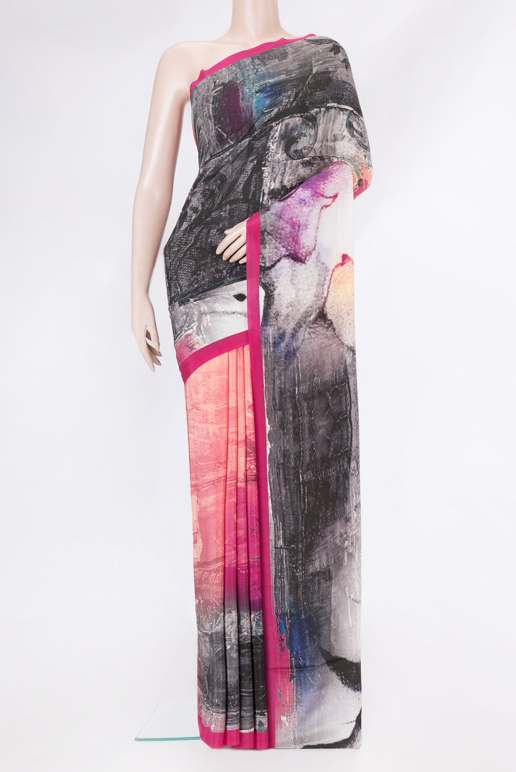 Grey Dual Tone Mysore Crepe Saree with Printed design on the body and Plain Border.  displayed on a mannequin