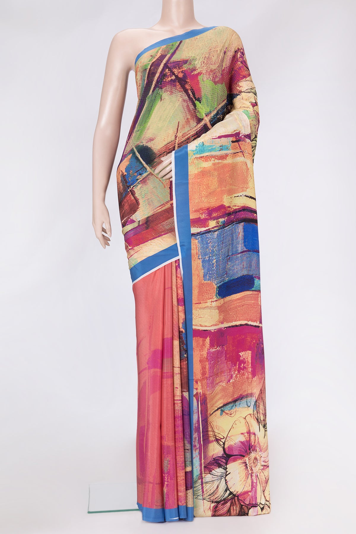 Pink Dual Tone Mysore Crepe Saree with Printed design on the body and Without Border.  displayed on a mannequin