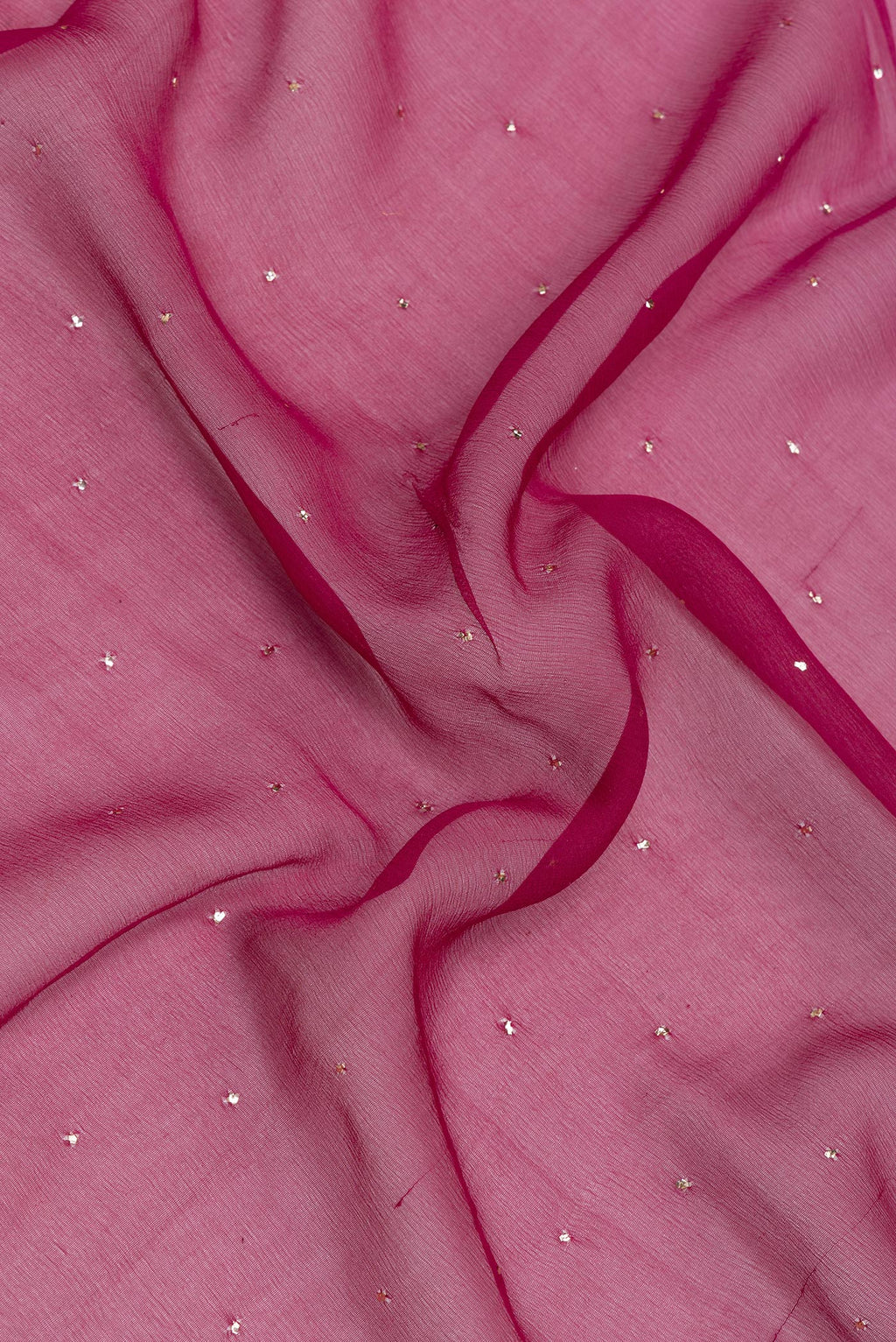 Close up of Multi Color Mysore Chiffon Saree with Embroidery on the body and Zari Border.  displaying folds