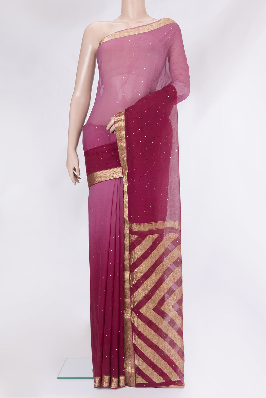 Multi Color Mysore Chiffon Saree with Embroidery on the body and Zari Border.  displayed on a mannequin