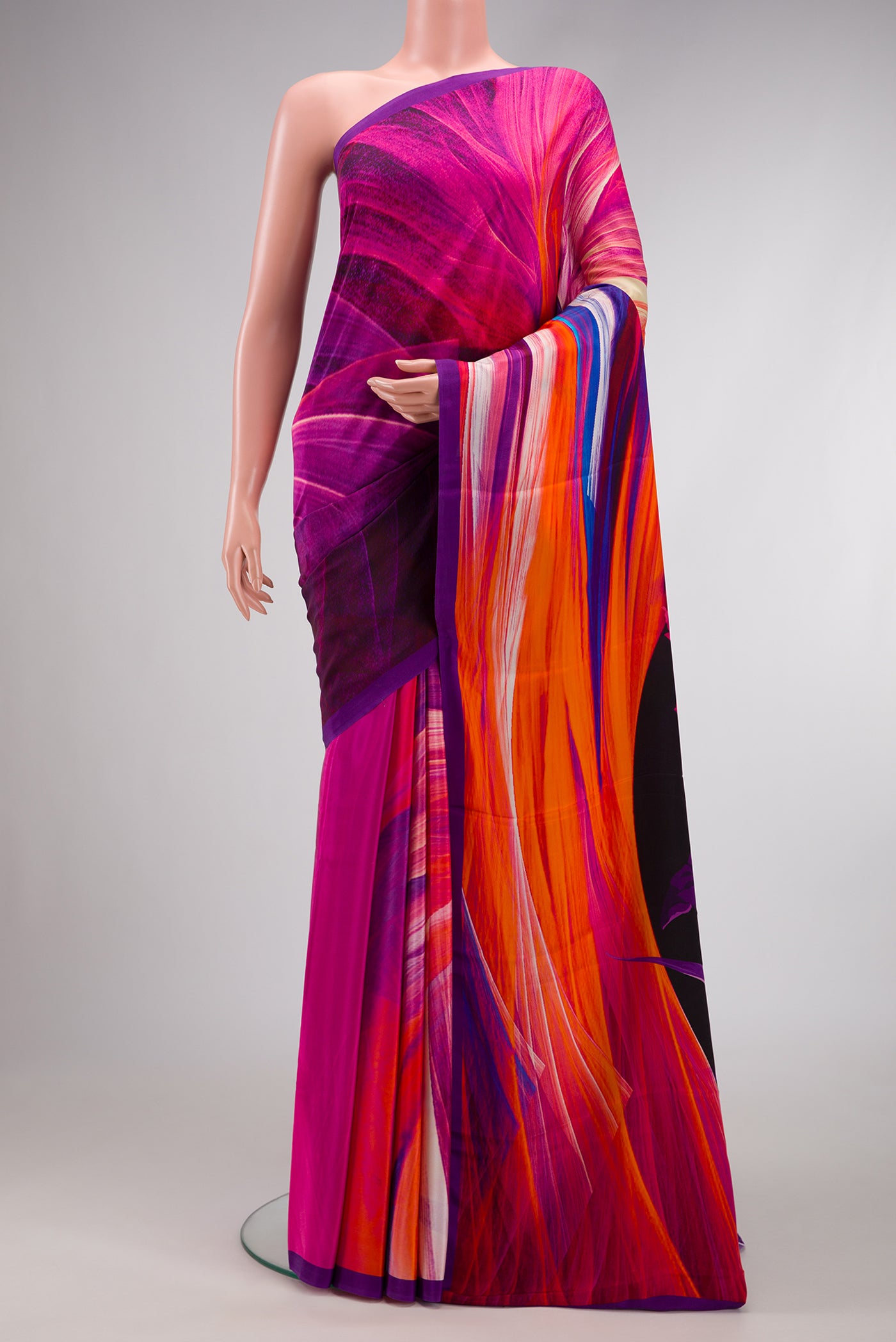 Pink Dual Tone Mysore Crepe Saree with Printed design on the body and Plain Border.  displayed on a mannequin