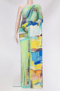 Multi Color Crepe Saree with Printed design on the body and Plain Border.  displayed on a mannequin