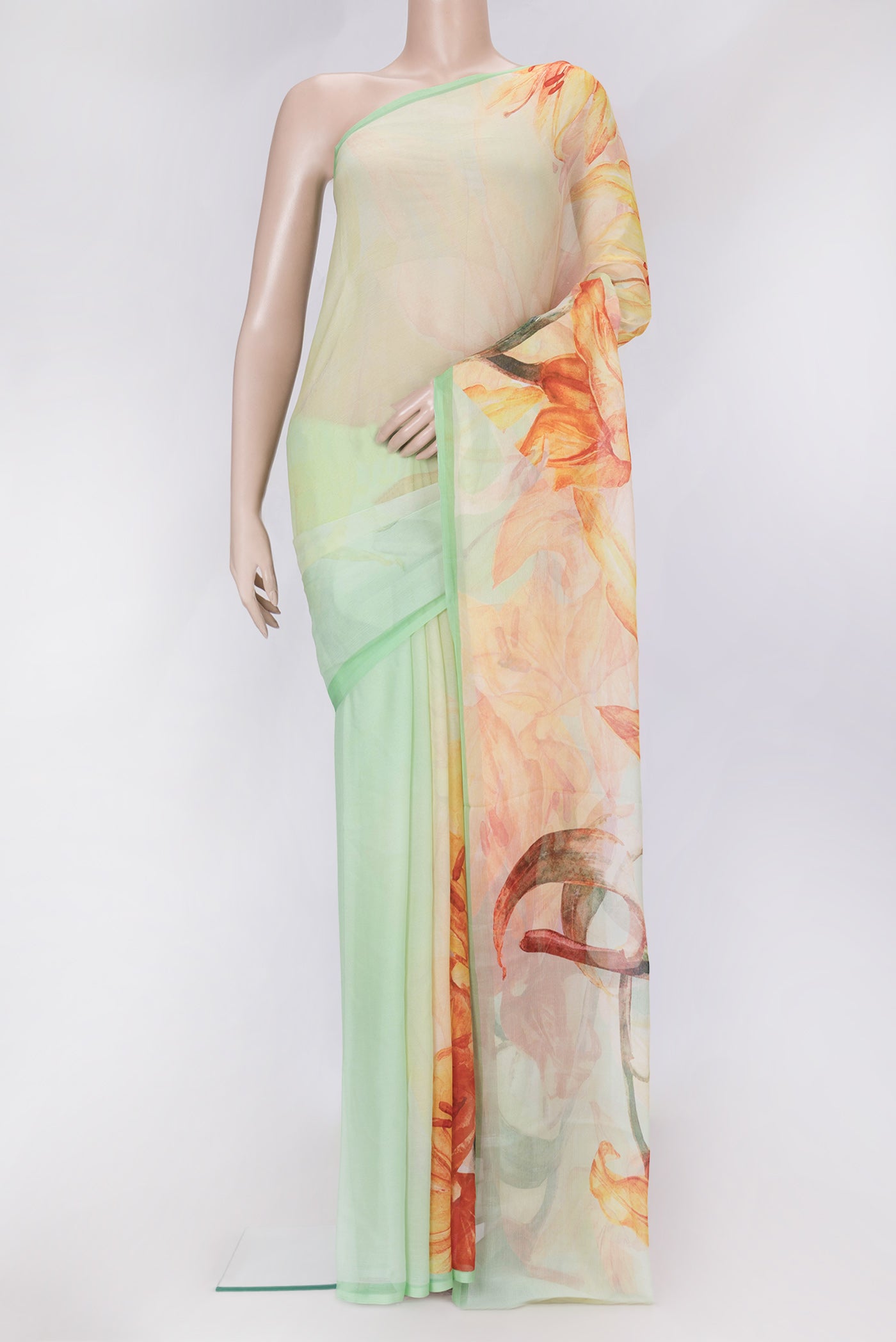Pista Green Dual Tone Mysore Chiffon Saree with Printed design on the body and Without Border.  displayed on a mannequin