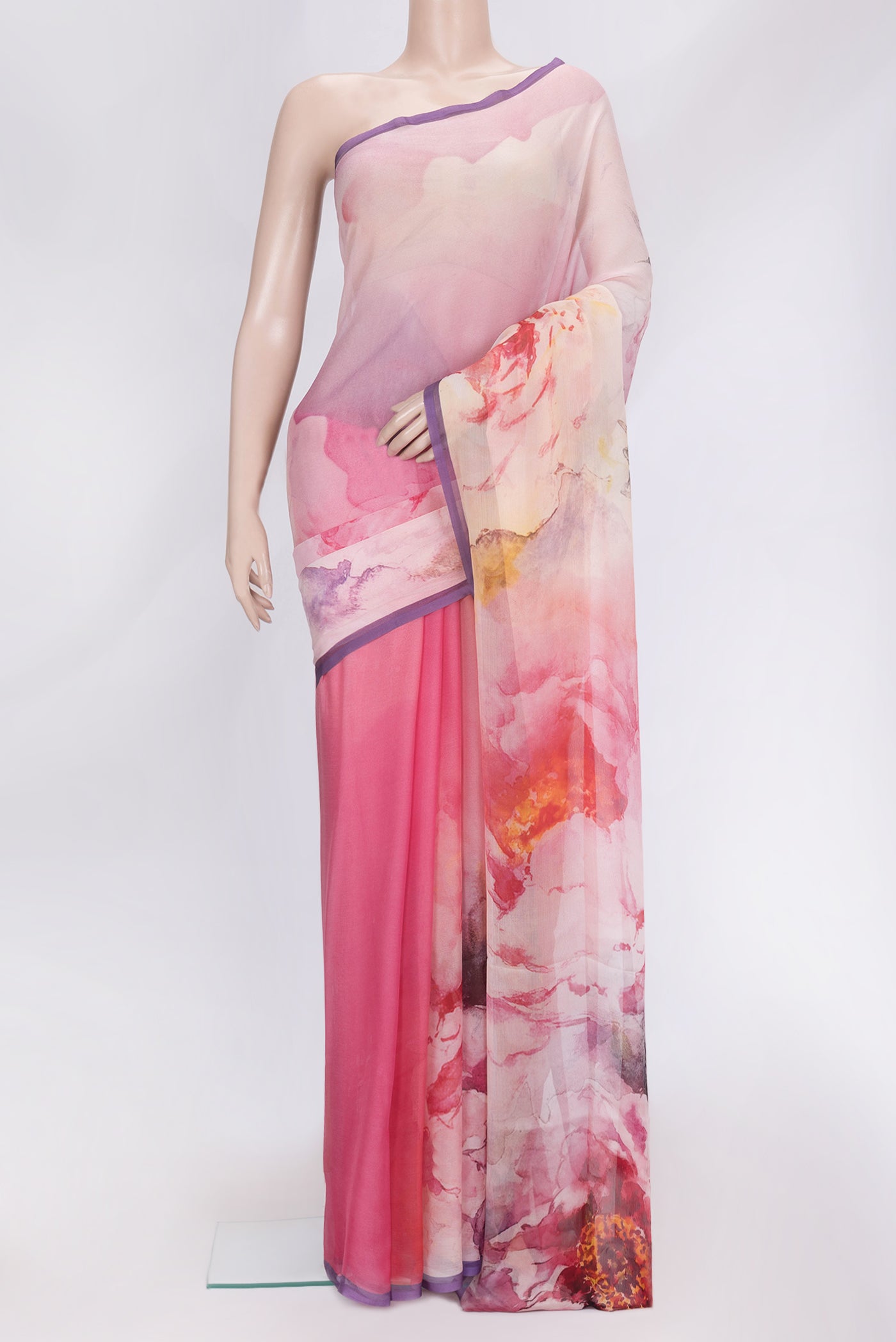 Pink Dual Tone Mysore Chiffon Saree with Printed design on the body and Without Border.  displayed on a mannequin