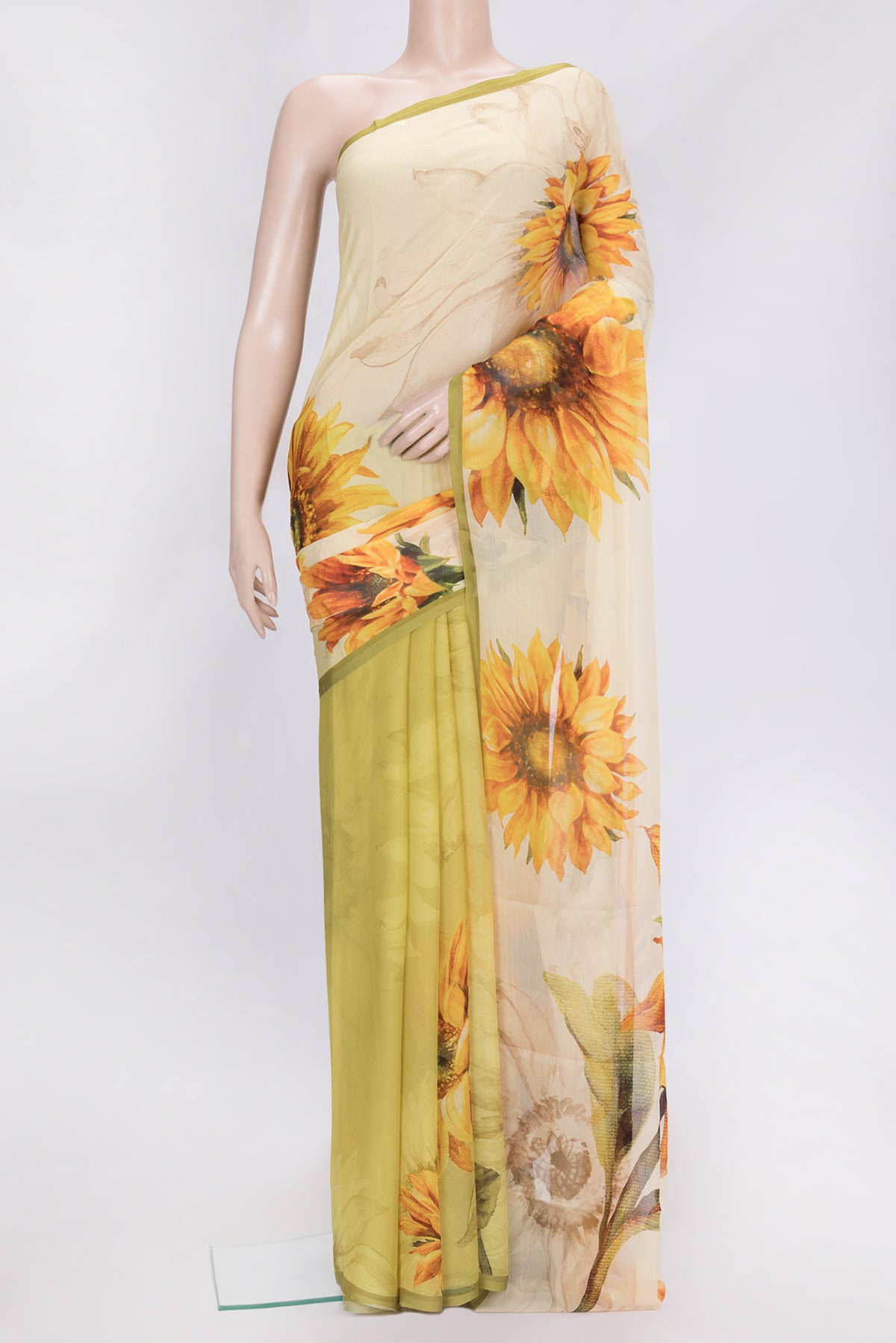 Pista Green Dual Tone Mysore Chiffon Saree with Printed design on the body and Without Border.  displayed on a mannequin