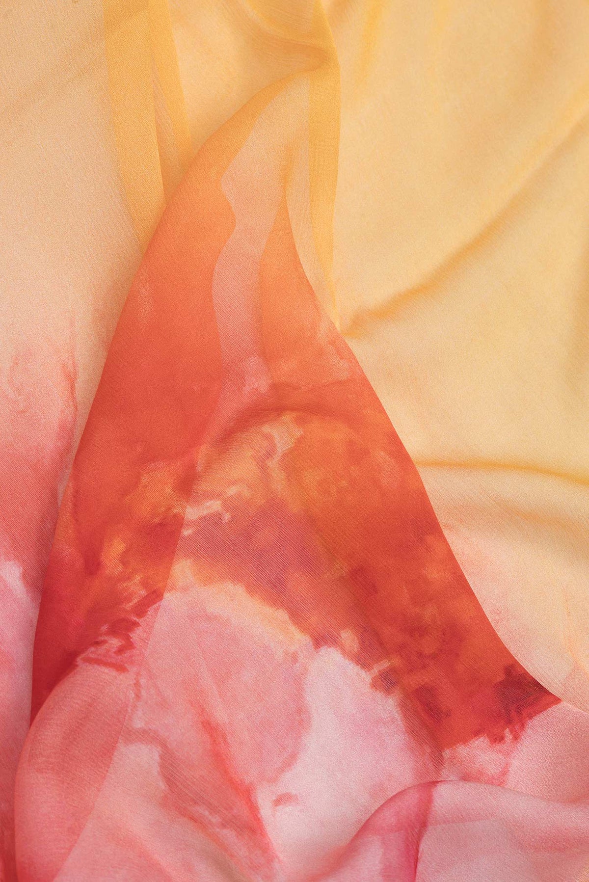 Close up of Sandal Dual Tone Mysore Chiffon Saree with Printed design on the body and Plain Border.  displaying folds