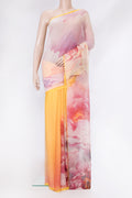 Sandal Dual Tone Mysore Chiffon Saree with Printed design on the body and Plain Border.  displayed on a mannequin
