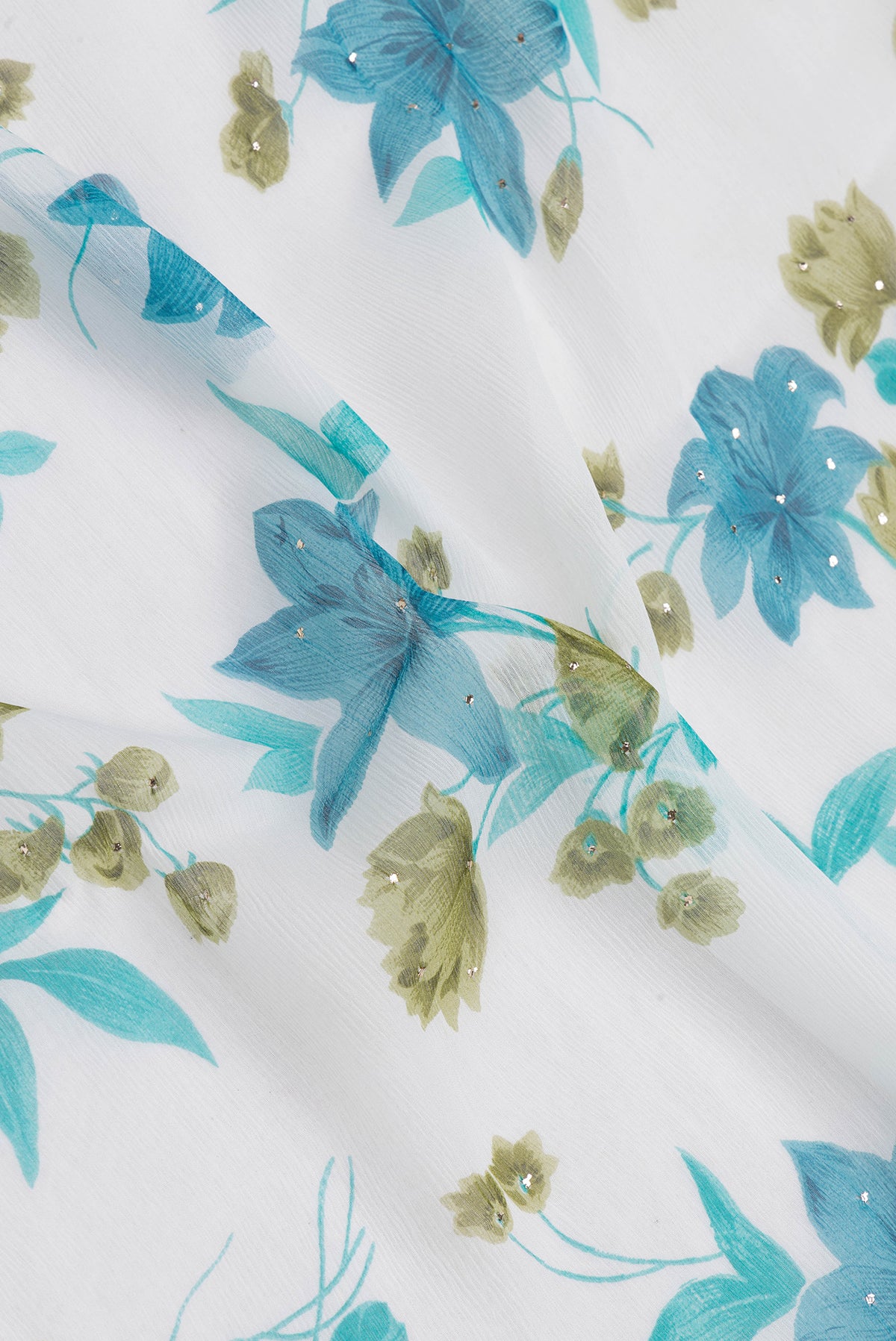 Close up of Off White Dual Tone Mysore Chiffon Saree with Printed design on the body and Plain Border.  displaying folds