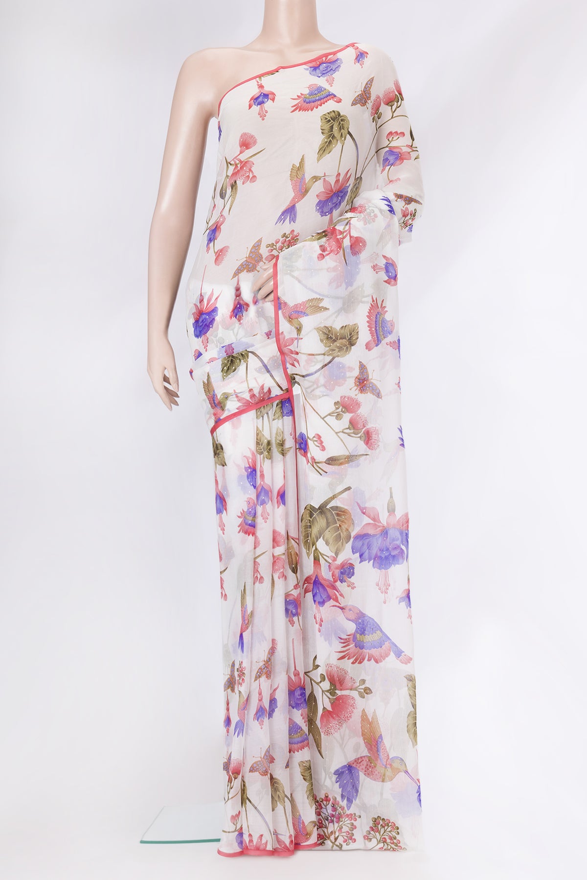 Off White Dual Tone Mysore Chiffon Saree with Printed design on the body and Plain Border.  displayed on a mannequin