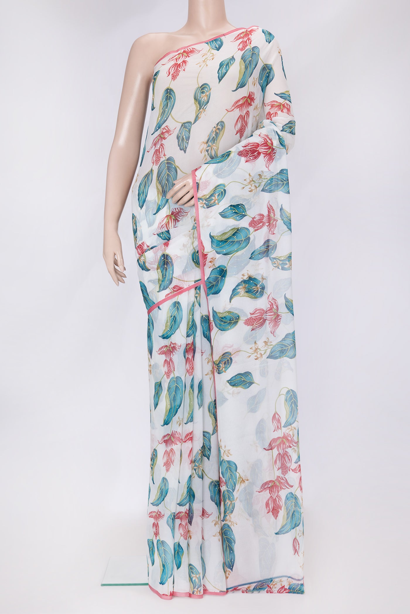 Off White Dual Tone Mysore Chiffon Saree with Printed design on the body and Without Border.  displayed on a mannequin
