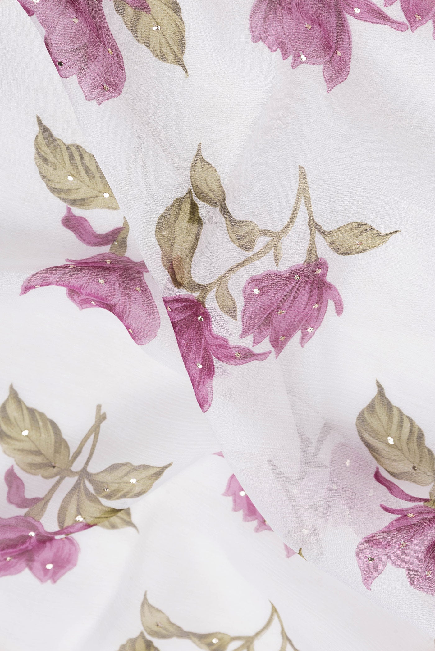 Close up of Off White Dual Tone Mysore Chiffon Saree with Printed design on the body and Plain Border.  displaying folds