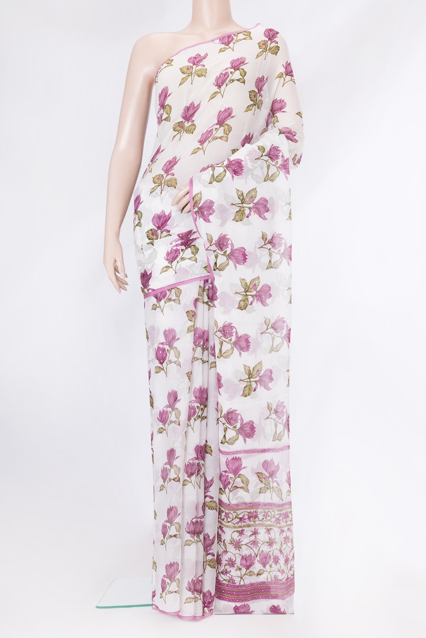 Off White Dual Tone Mysore Chiffon Saree with Printed design on the body and Plain Border.  displayed on a mannequin