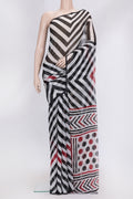 Black Dual Tone Mysore Chiffon Saree with Printed design on the body and Without Border.  displayed on a mannequin
