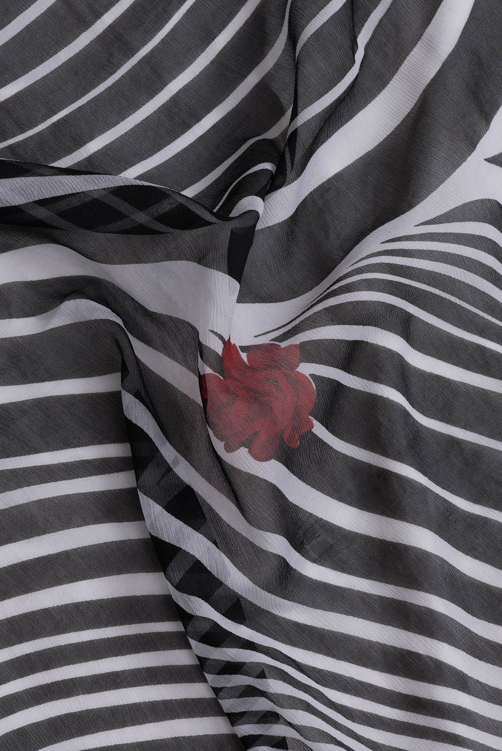 Close up of Off White Dual Tone Mysore Chiffon Saree with Printed design on the body and Plain Border.  displaying folds