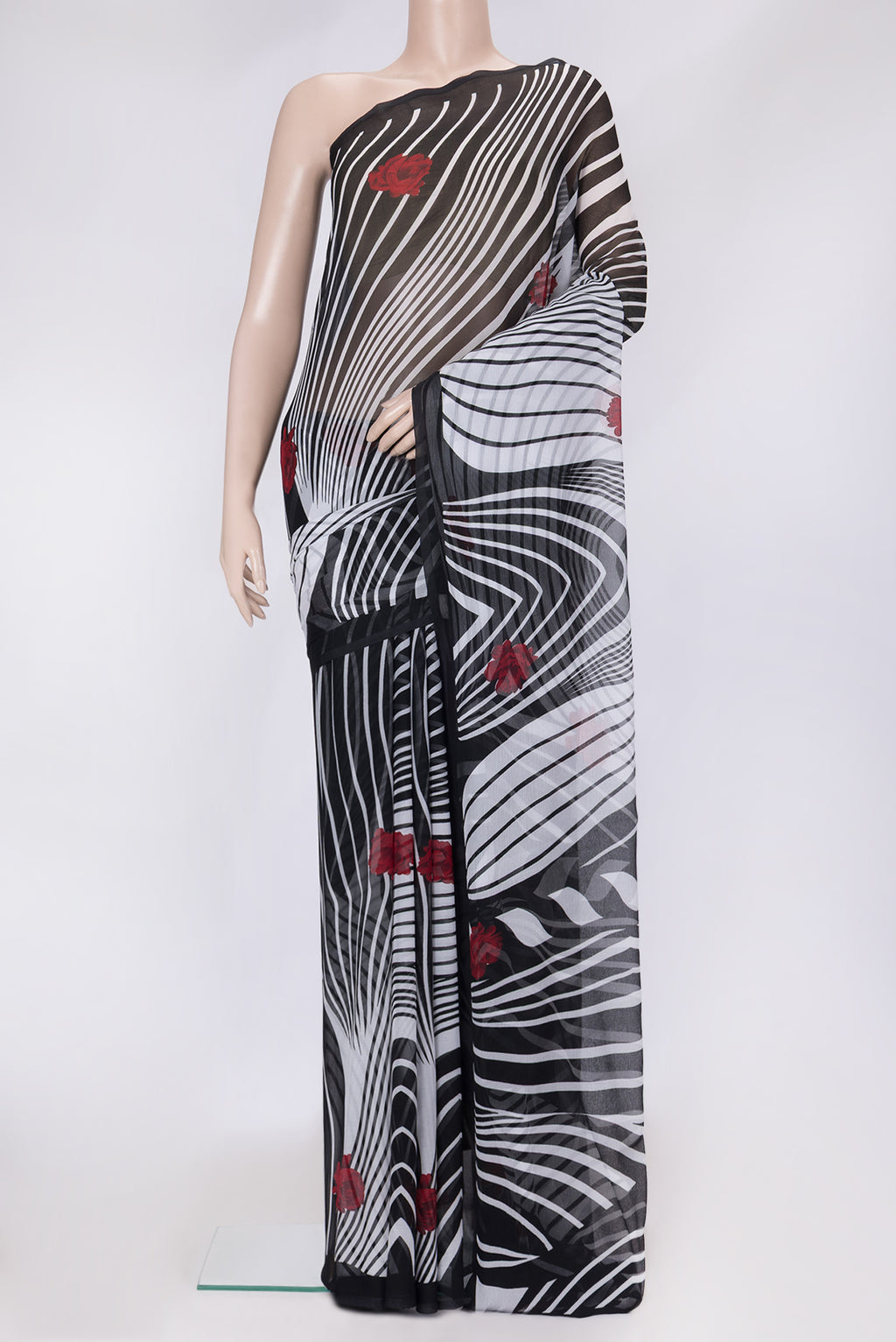 Off White Dual Tone Mysore Chiffon Saree with Printed design on the body and Plain Border.  displayed on a mannequin