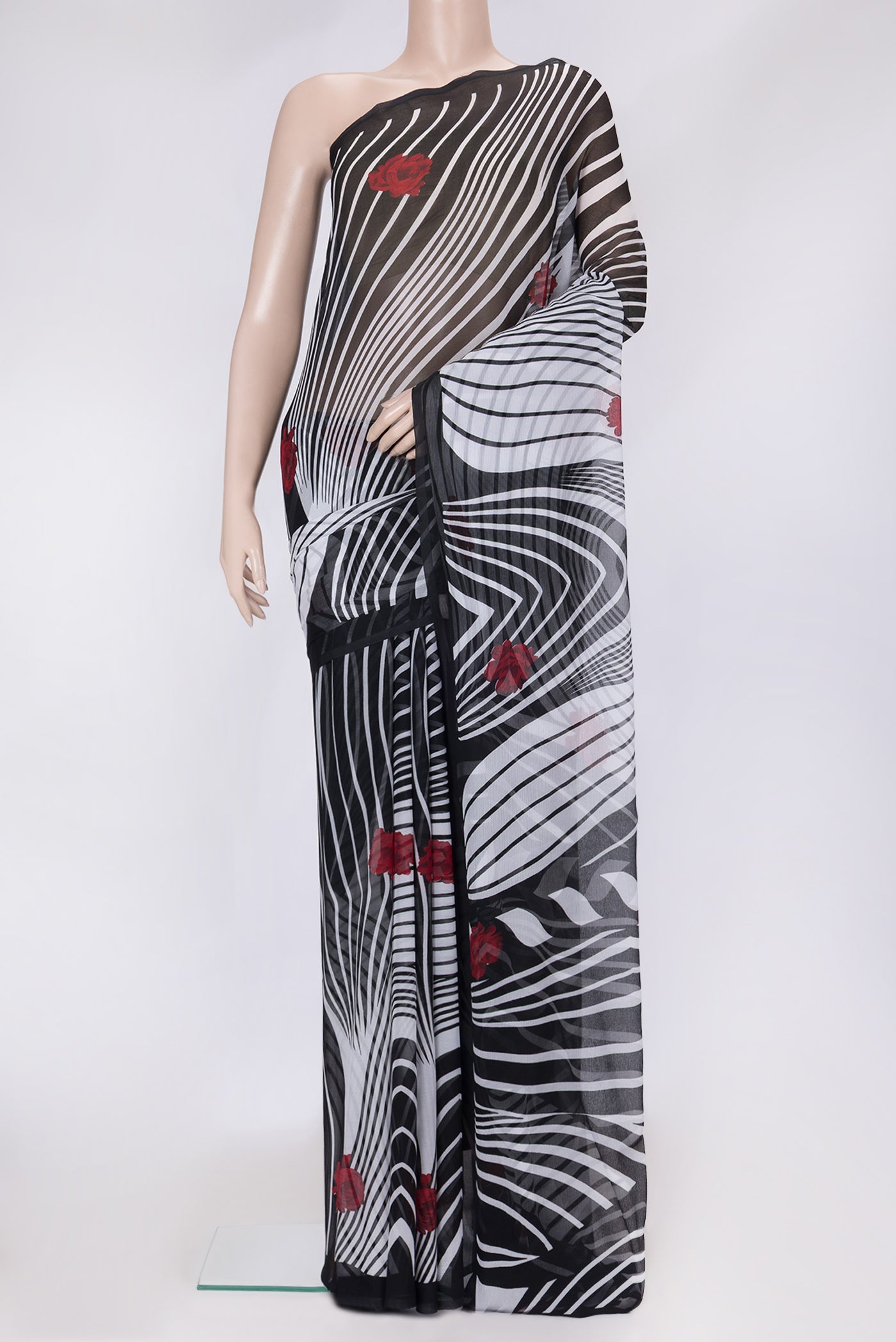 Off White Dual Tone Mysore Chiffon Saree with Printed design on the body and Plain Border.  displayed on a mannequin