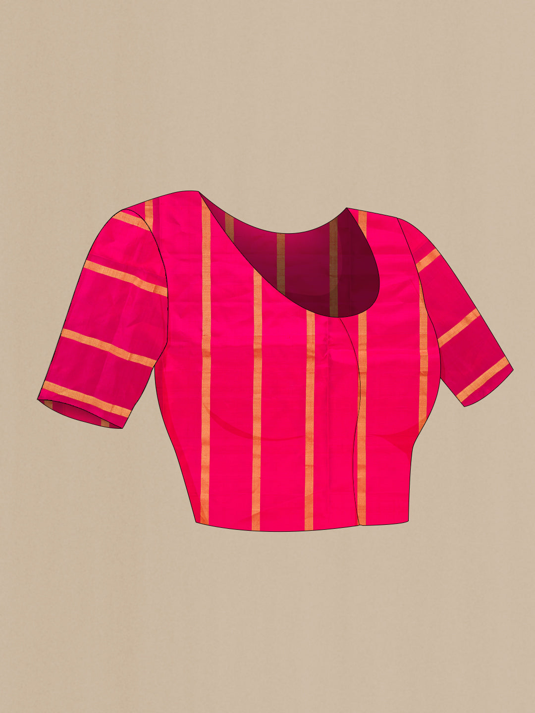 Close up image of the blouse of Mustard Dual Tone Soft Silk Saree with Stripes on the body and Ikat Border. 