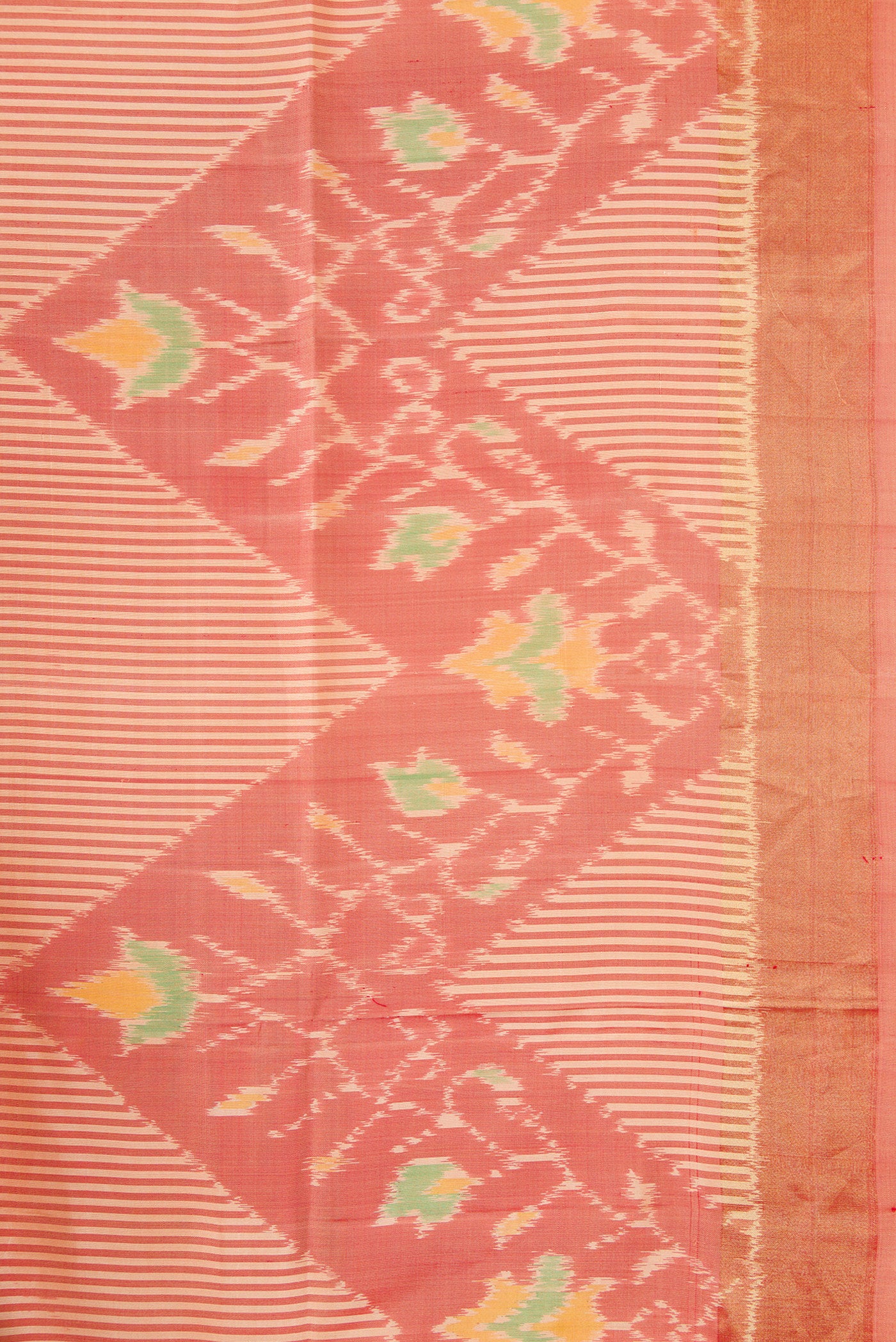 Border image of Golden Peach Dual Tone Soft Silk Saree with Stripes on the body and Ikat Border. 