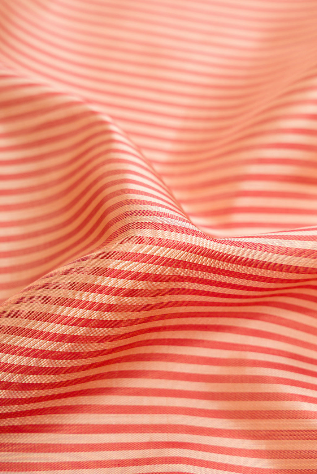 Close up of Golden Peach Dual Tone Soft Silk Saree with Stripes on the body and Ikat Border.  displaying folds