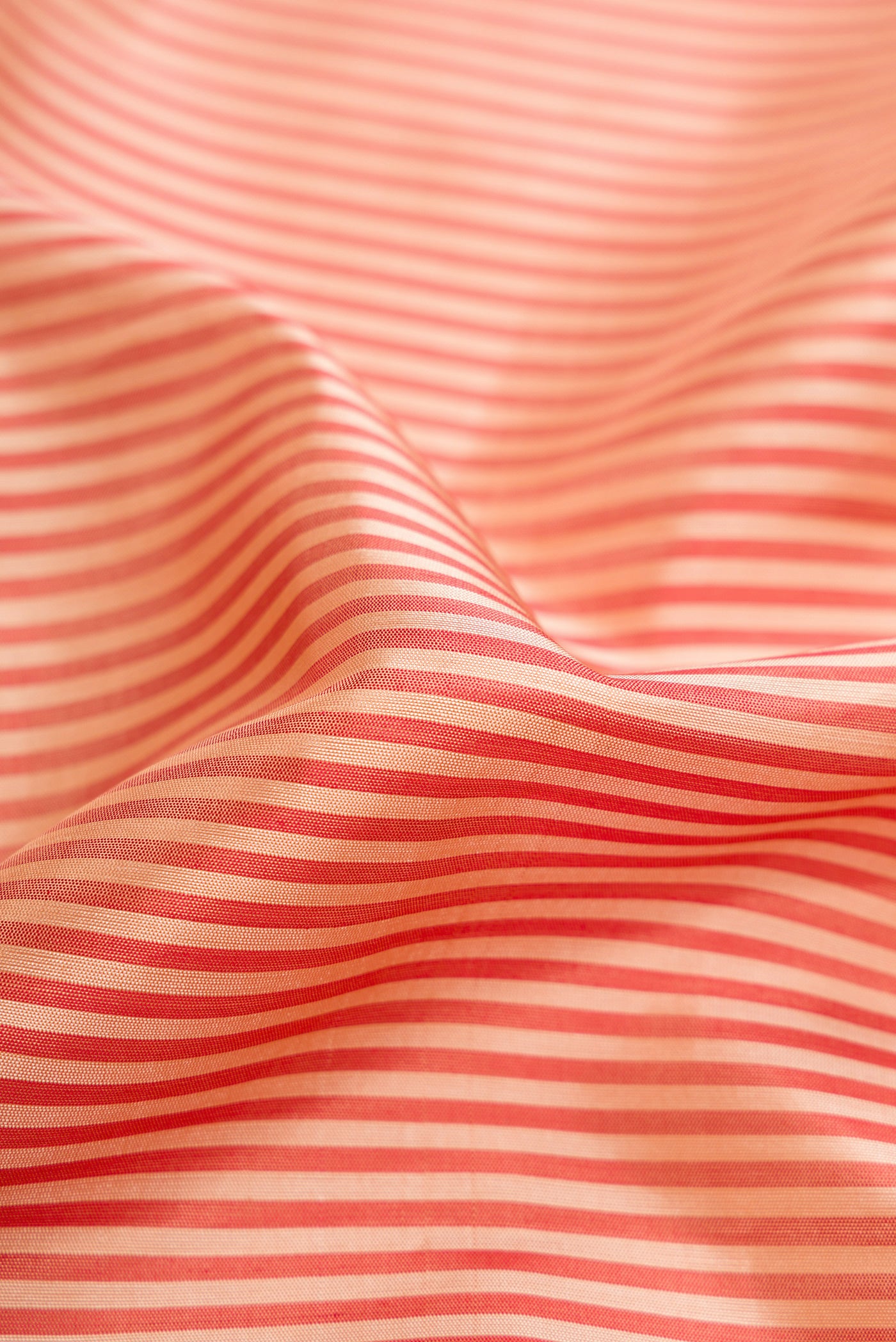 Close up of Golden Peach Dual Tone Soft Silk Saree with Stripes on the body and Ikat Border.  displaying folds
