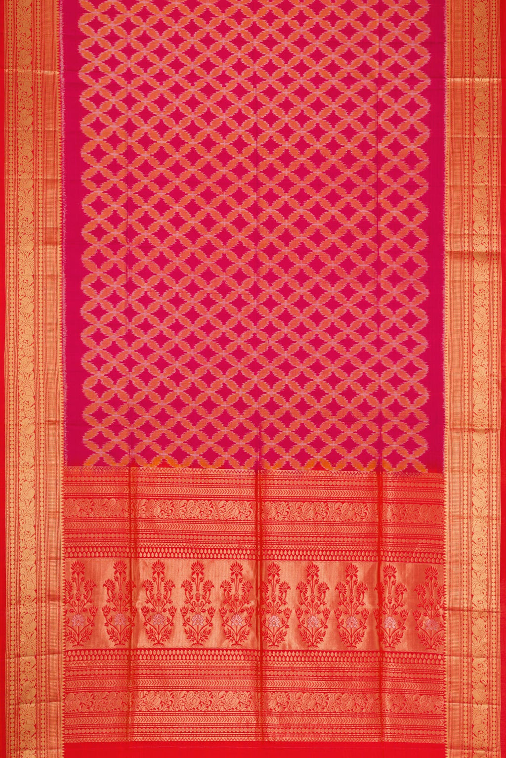 Flat view of Dark Pink Dual Tone Soft Silk Saree with Ikat Print on the body and Zari Border. 