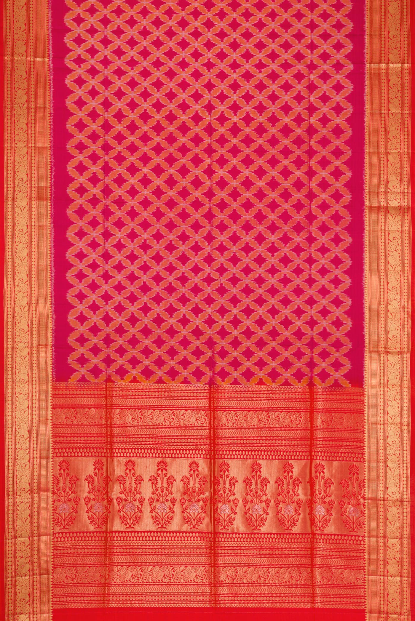 Flat view of Dark Pink Dual Tone Soft Silk Saree with Ikat Print on the body and Zari Border. 
