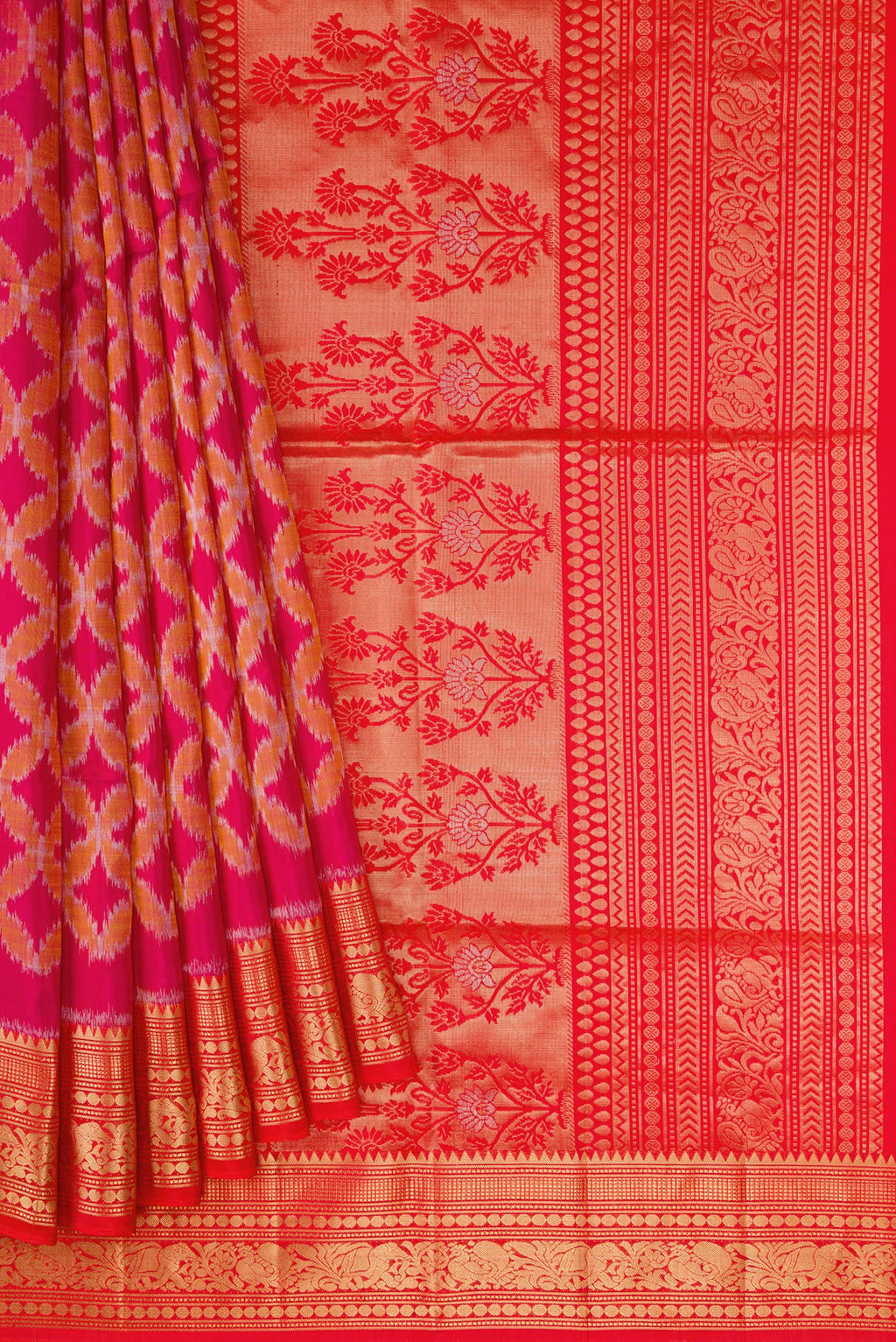 Pleats and pallu of Dark Pink Dual Tone Soft Silk Saree with Ikat Print on the body and Zari Border. 