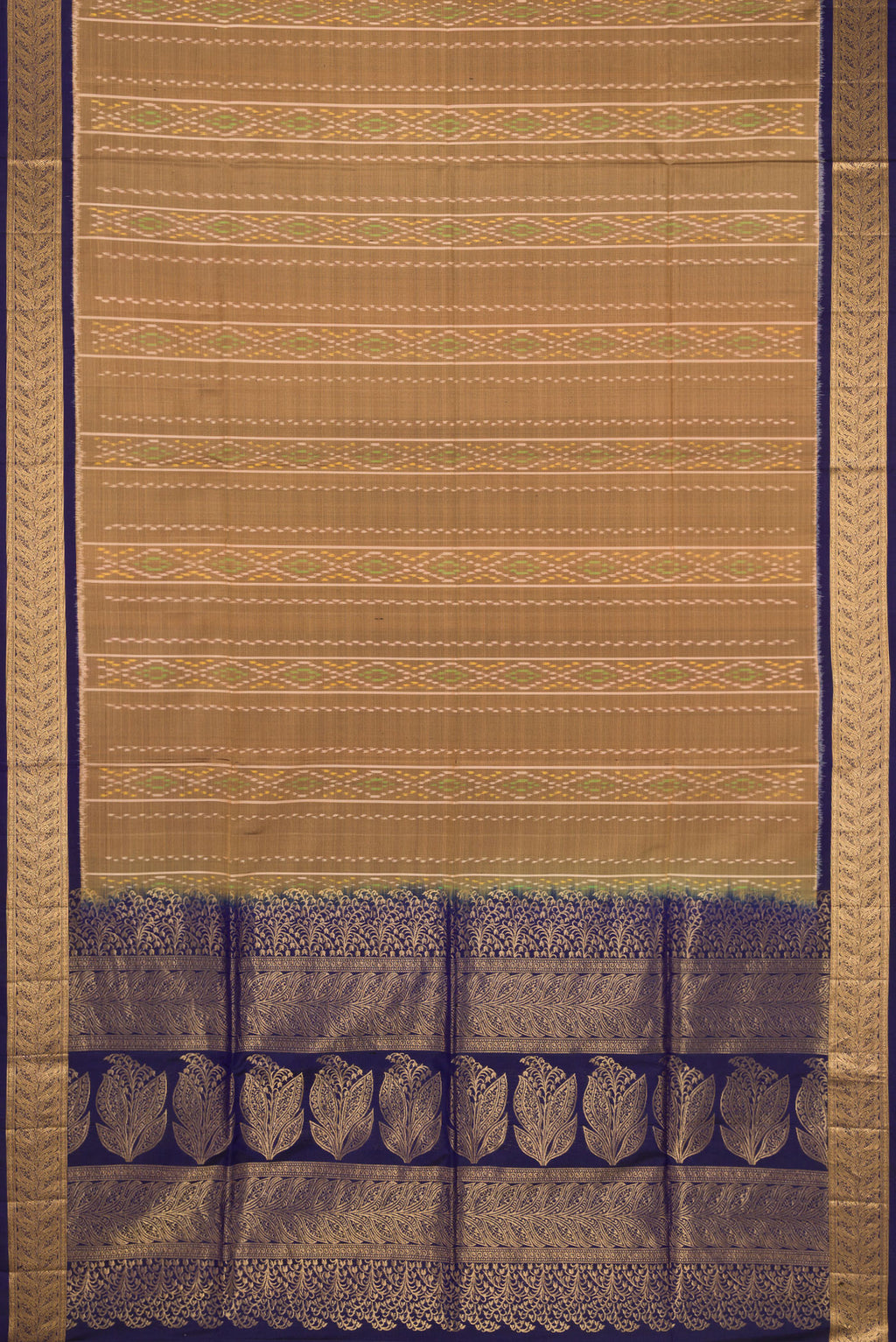 Flat view of Dark Beige Soft Silk Saree with Ikat design on the body and Zari Border. 