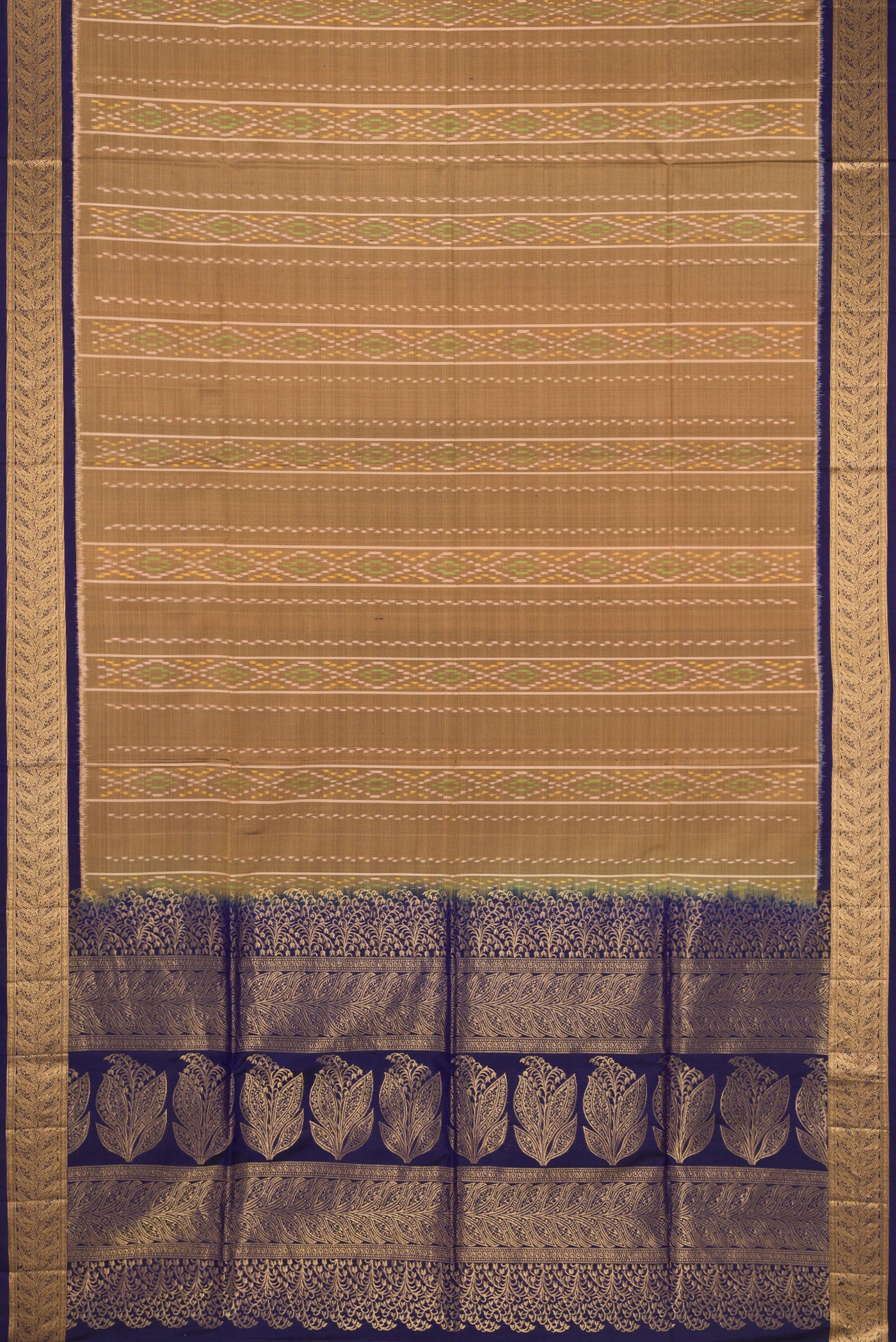 Flat view of Dark Beige Soft Silk Saree with Ikat design on the body and Zari Border. 