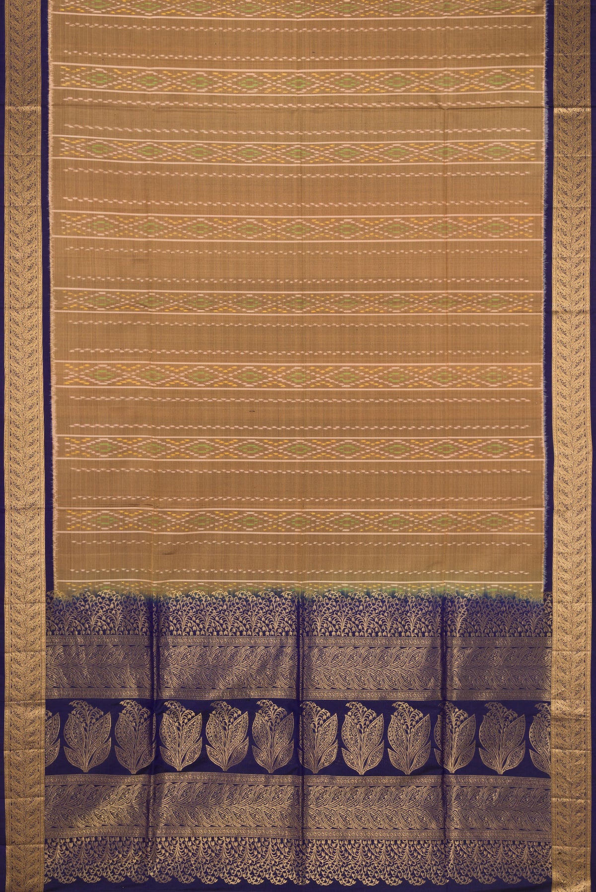 Flat view of Dark Beige Soft Silk Saree with Ikat design on the body and Zari Border. 