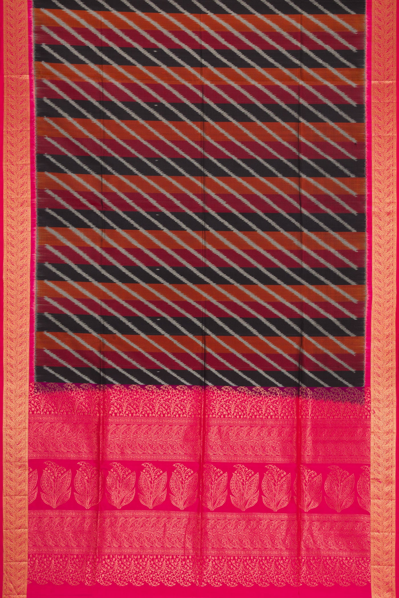 Flat view of Black Dual Tone Soft Silk Saree with Stripes on the body and Zari Border. 