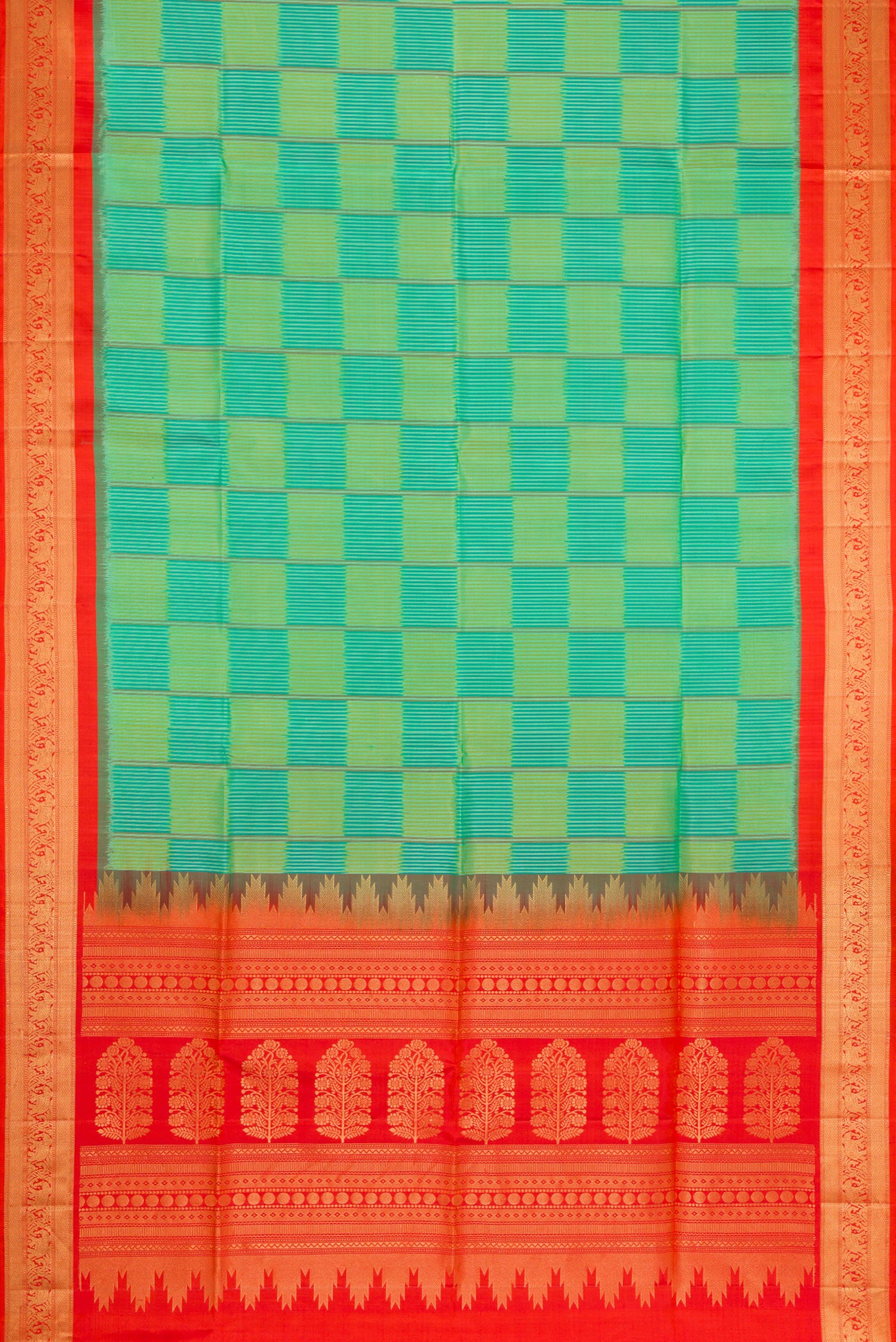 Flat view of Green Dual Tone Soft Silk Saree with Ikat Print on the body and Zari Border. 