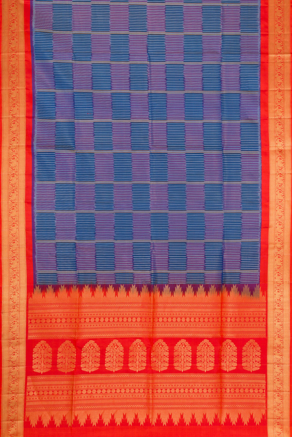 Flat view of Royal Blue Dual Tone Soft Silk Saree with Checked design on the body and Zari Border. 