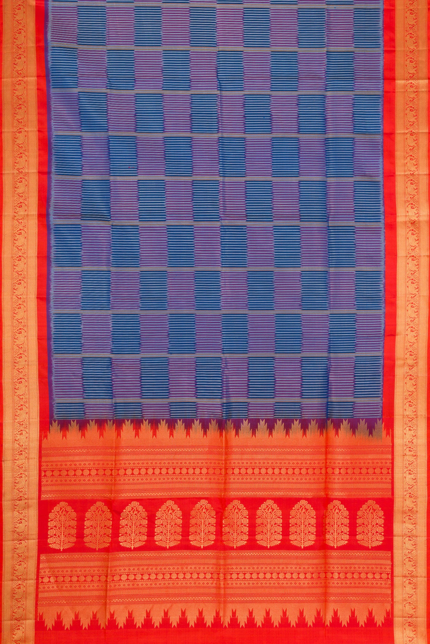 Flat view of Royal Blue Dual Tone Soft Silk Saree with Checked design on the body and Zari Border. 