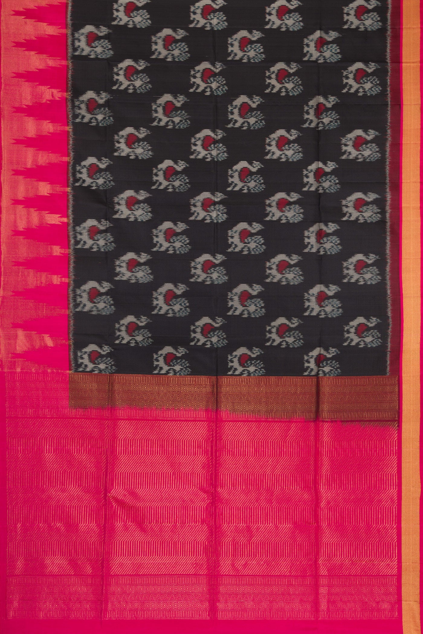 Flat view of Black Dual Tone Soft Silk Saree with Ikat Print on the body and Zari Border. 