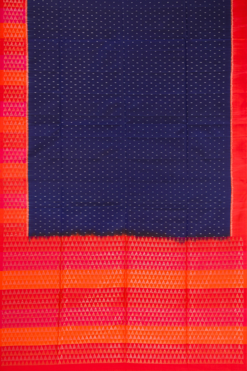 Flat view of Navy Blue Dual Tone Soft Silk Saree with Ikat Print on the body and Fancy Border. 