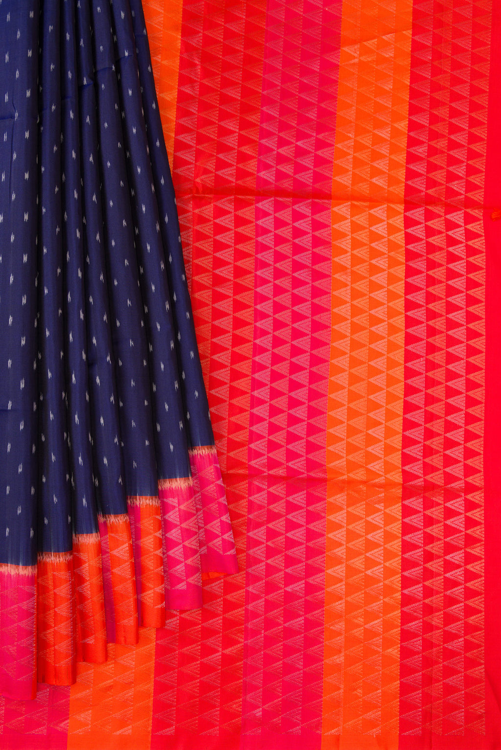 Pleats and pallu of Navy Blue Dual Tone Soft Silk Saree with Ikat Print on the body and Fancy Border. 