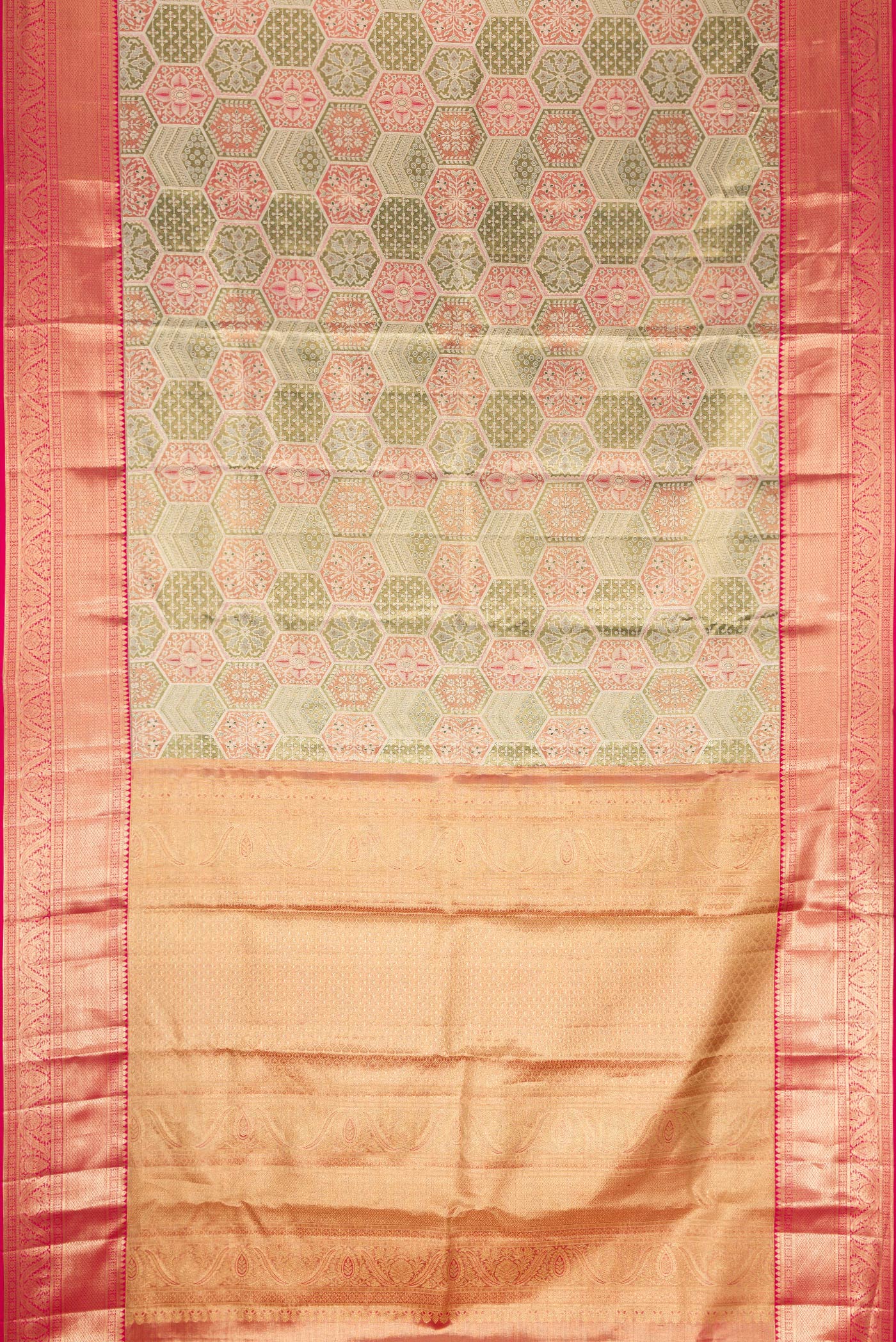 Flat view of Gold Dual Tone Kanjivaram Tissue Silk Saree with Zari Brocade on the body and Zari Border. 