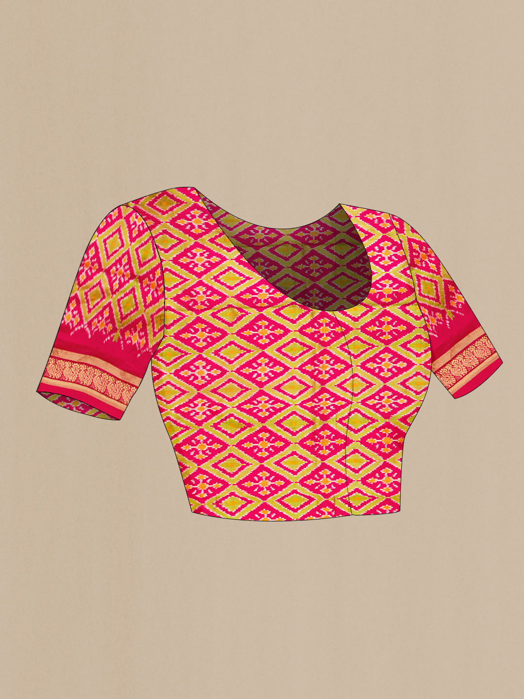 Close up image of the blouse of White Dual Tone Double Ikat Saree with Ikat Print on the body and Zari Border. 