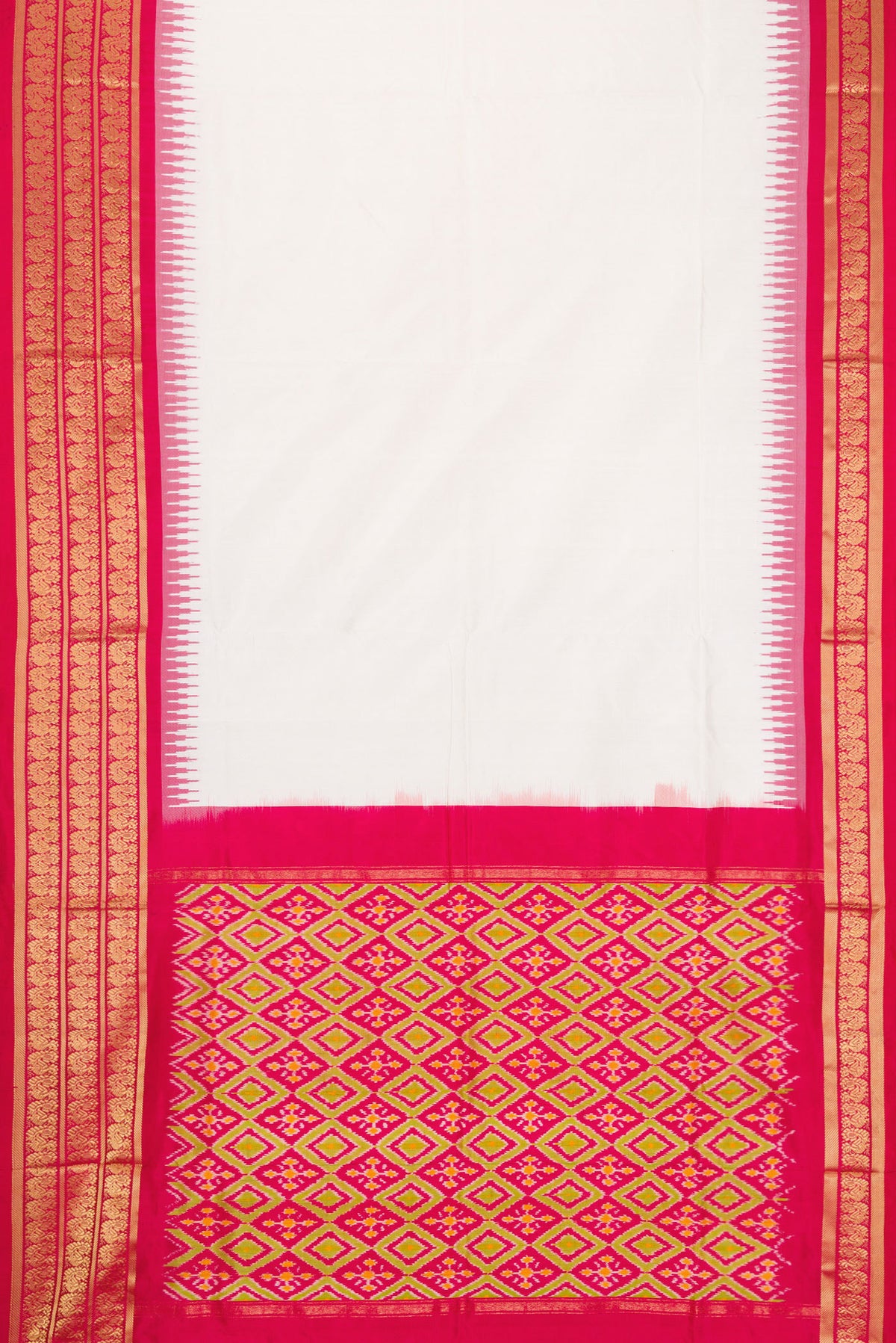 Flat view of White Dual Tone Double Ikat Saree with Ikat Print on the body and Zari Border. 