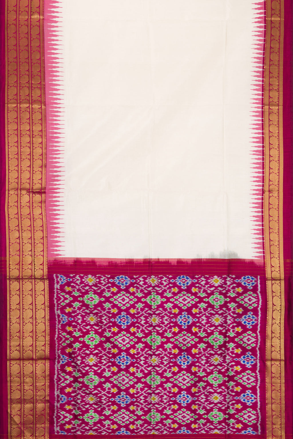 Flat view of White Dual Tone Double Ikat Saree with Ikat Print on the body and Zari Border. 
