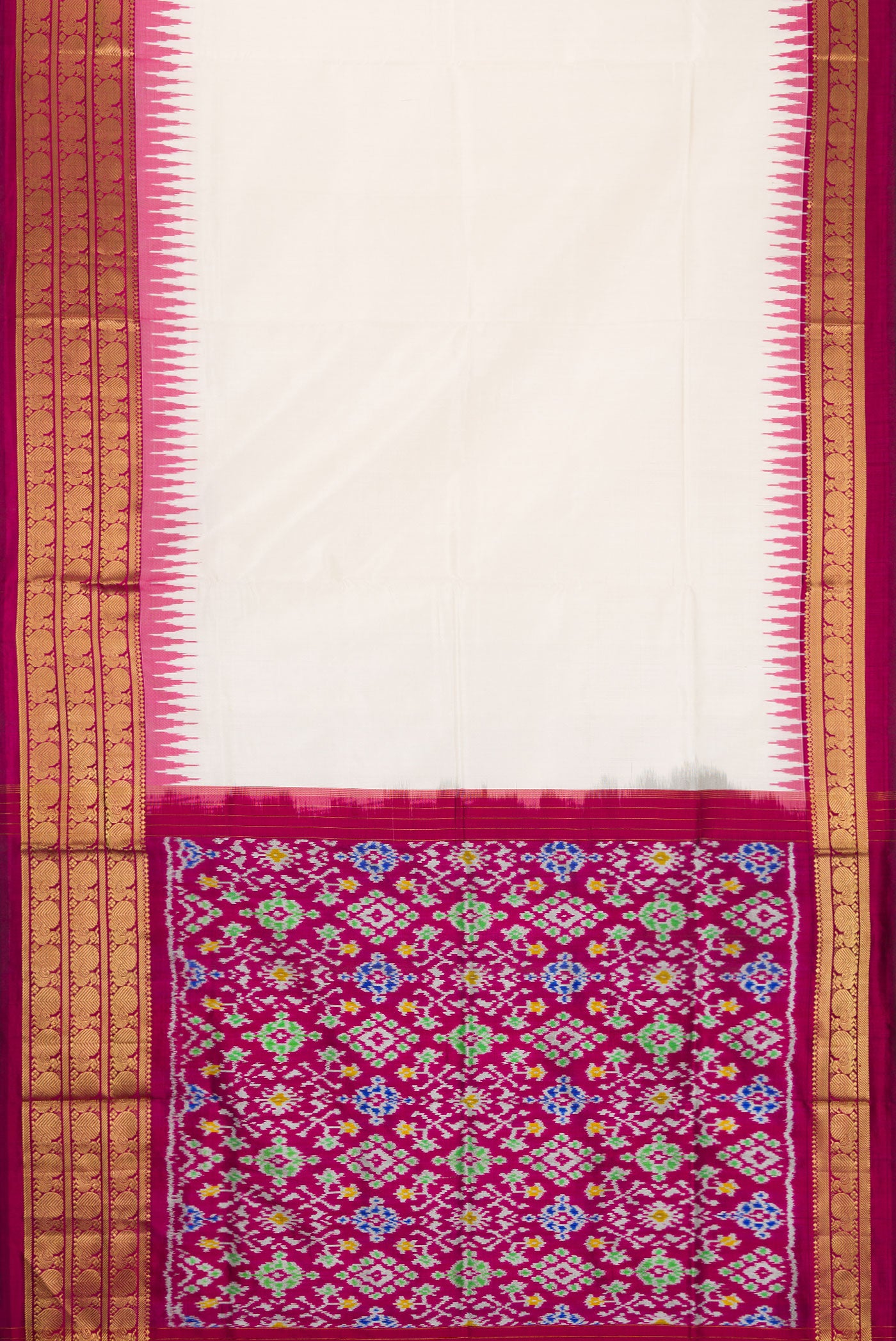Flat view of White Dual Tone Double Ikat Saree with Ikat Print on the body and Zari Border. 